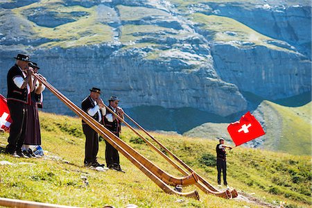 europe flag - Europe, Swiss Alps, Switzerland, Bernese Oberland, Swiss Alps Jungfrau-Aletsch, Unesco World Heritage site, Jungfrau marathon, Swiss horn players Stock Photo - Rights-Managed, Code: 862-06826253