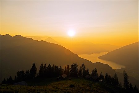 scenic mountain sunset views - Europe, Swiss Alps, Switzerland, Bernese Oberland, Swiss Alps Jungfrau-Aletsch, Unesco World Heritage site, view of Lake Interlaken from Schynige Platte Stock Photo - Rights-Managed, Code: 862-06826273