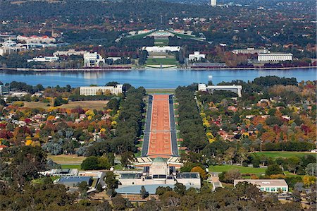 simsearch:862-07495812,k - Australia, Australian Capital Territory (ACT), Canberra.  View from Mt Ainslie lookout - including Australian War Memorial, Anzac Parade, Lake Burley Griffin and Parliament House. Stock Photo - Rights-Managed, Code: 862-07495749
