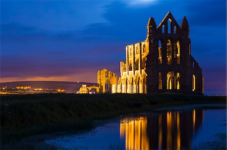 flood light - United Kingdom, England, North Yorkshire, Whitby. Whitby Abbey was founded in 657 AD by Oswy, the Saxon King of Northumbria. Stock Photo - Rights-Managed, Code: 862-07689971