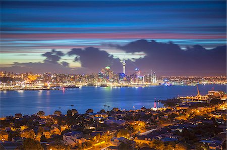 skyline at night - View of Auckland and Devonport at dusk, Auckland, North Island, New Zealand Stock Photo - Rights-Managed, Code: 862-07690537