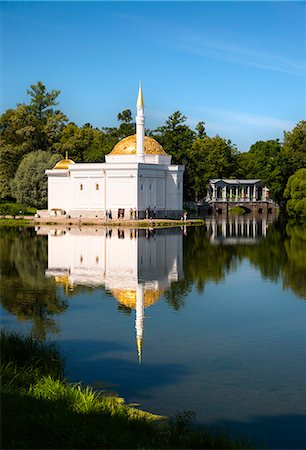 eastern - Turkish Bath Pavilion and Marble Bridge reflected in the Great Pond, Catherine Park, Pushkin (Tsarskoye Selo), near St Petersburg, Russia Stock Photo - Rights-Managed, Code: 862-07690726