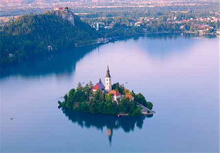 Slovenia, Julian Alps, Upper Carniola, Lake Bled. Aerial view of the island on Lake Bled Stock Photo - Rights-Managed, Code: 862-07690771