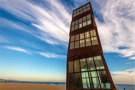 spain monuments - Estel Ferit sculpture by Rebecca Horn, Barceloneta beach, Barcelona, Catalonia, Spain Stock Photo - Rights-Managed, Code: 862-07690879