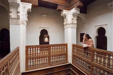 simsearch:862-03364741,k - The beautifully restored Ben Youssef Medersa is the largest theological school in Morocco. Built in 1565 it once housed 900 students and teachers in the rooms above the courtyard. Marrakech, Morocco (MR) Photographie de stock - Rights-Managed, Code: 862-07910301