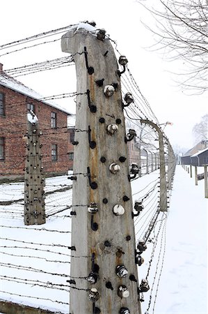 simsearch:400-04470103,k - Europe, Eastern Europe, Poland, Auschwitz-Birkenau (German Nazi Concentration and Extermination Camp) Memorial and State Museum, barbed wire fences around the residential blocks Photographie de stock - Rights-Managed, Code: 862-07910430