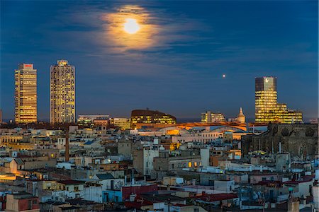 spain barcelona city - Night panoramic view over Born neighborhood with Hotel Arts and Mapfre skyscrapers behind, Barcelona, Catalonia, Spain Stock Photo - Rights-Managed, Code: 862-07910674