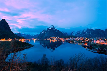 small town snow - Europe, Scandinavia, Norway, Lofoten islands, Moskenesoy, Reine Stock Photo - Rights-Managed, Code: 862-08090991