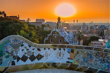 skylines - Sunrise at Park Guell or Parc Guell with city skyline in the background, Barcelona, Catalonia, Spain Stock Photo - Rights-Managed, Code: 862-08091291