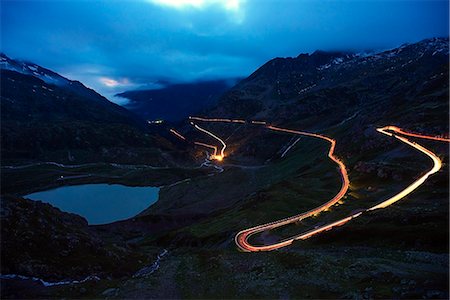 streaking lights - Europe, Switzerland, Europe, Switzerland, canton of Bern, Sustenpasse, winding mountain road Stock Photo - Rights-Managed, Code: 862-08091309