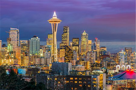 Downtown skyline with Space Needle at dusk, Seattle, Washington, USA Photographie de stock - Rights-Managed, Code: 862-08091477