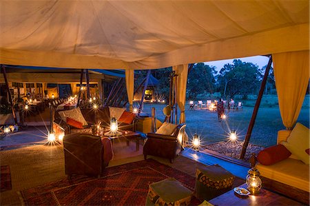 Kenya, Mara North Conservancy. The magical mess tent in Elephant Pepper Camp in the evening light. Stock Photo - Rights-Managed, Code: 862-08273597