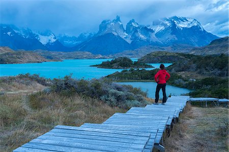 South America, Patagonia, Chile, Torres del Paine National Park, Cuernos del Paine, woman on boardwalk Foto de stock - Con derechos protegidos, Código: 862-08698779