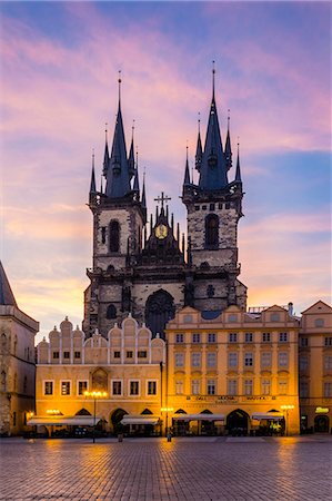 simsearch:862-08699008,k - Czech Republic, Prague, Stare Mesto (Old Town). Tyn Cathedral on Staromestske namesti, Old Town Square at dawn. Stock Photo - Rights-Managed, Code: 862-08698985