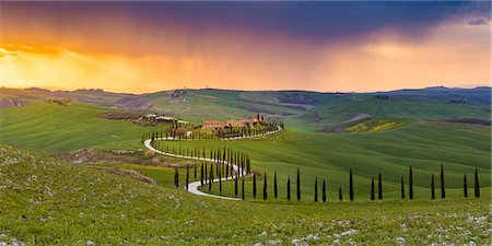 Valdorcia, Siena, Tuscany, Italy. Panoramic view of a road of cypresses leading to a farmhouse with a stormy sunset in the background. Stock Photo - Rights-Managed, Code: 862-08699437