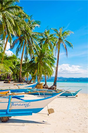 Otrigger bangka boats on Diniwid Beach, Boracay Island, Aklan Province, Western Visayas, Philippines Foto de stock - Con derechos protegidos, Código: 862-08699706