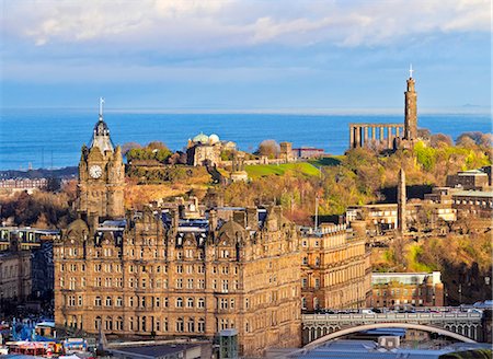 simsearch:862-08091060,k - UK, Scotland, Lothian, Edinburgh, The Balmoral Hotel and Calton Hill viewed from the Edinburgh Castle. Stock Photo - Rights-Managed, Code: 862-08699865