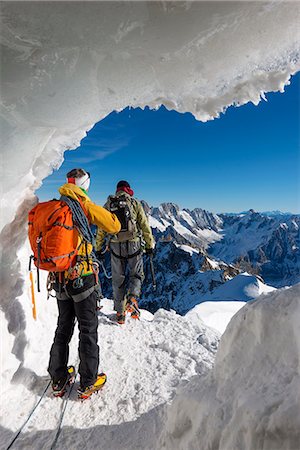 Europe, France, Haute Savoie, Rhone Alps, Chamonix, mountaineers at entrance to Aiguille du Midi arete Stock Photo - Rights-Managed, Code: 862-08704806