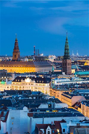 Denmark, Hillerod, Copenhagen. Elevated view towards Hotel D'Angleterre and Christiansborg Slot at dusk. Stock Photo - Rights-Managed, Code: 862-08718553