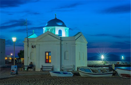 Europe, Greece, Cyclades island,Aegean Sea, Mykonos, Myconos, harbour church at night Photographie de stock - Rights-Managed, Code: 862-08718959