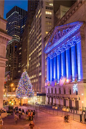 New York Stock Exchange with Christmas tree by night, Wall Street, Lower Manhattan, New York, USA Stock Photo - Rights-Managed, Code: 862-08720027
