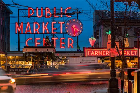 enseigne lumineuse - Pike Place Market at night, Seattle, Washington, USA Foto de stock - Con derechos protegidos, Código: 862-08720042