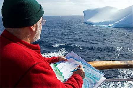 simsearch:862-03288508,k - Antarctica,Antarctic Penisula,Antarctic Sound. Sailing through the sound otherwise known as Iceberg Alley Australian artist Noel Miller captures the scene. Stock Photo - Rights-Managed, Code: 862-03288523