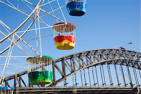 simsearch:862-03288780,k - Le Harbour Bridge fournit la toile de fond pittoresque pour un tour de fête foraine au Luna Park sur la rive nord de Sydney. Photographie de stock - Rights-Managed, Code: 862-03288778