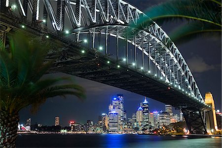 simsearch:862-08700169,k - Palm trees lining the waterfront at Milsons Point frame the Sydney Harbour Bridge and skyline of central Sydney Stock Photo - Rights-Managed, Code: 862-03288877
