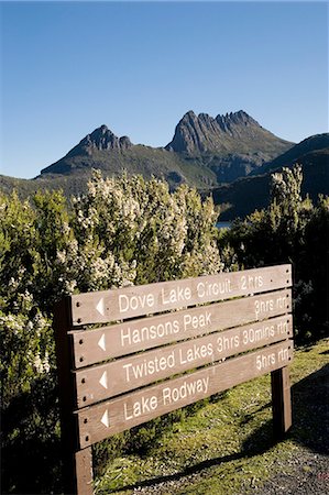 A signpost indicates walking trails around Dove Lake at the foot of Cradle Mountain Stock Photo - Rights-Managed, Code: 862-03288977