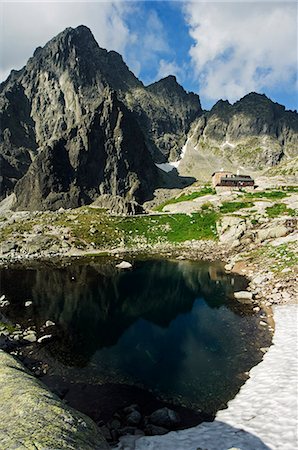 Slovakia High Tatras Mountains (Vyoske Tatry) Tatra National Park. Mountain Scenery and Hiking Area Teryho Refuge Hut above Lake Stock Photo - Rights-Managed, Code: 862-03354182