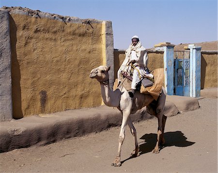 A Nubian man rides his camel down one of the main,dusty streets of Qubbat Selim. This village,situated close to the River Nile in Northern Sudan,still retains much of its traditional architecture,plasterwork and decoration.The curved,raised pattern on the walls is made with the serrated edge of a wood trowel or rake. Stock Photo - Rights-Managed, Code: 862-03354609