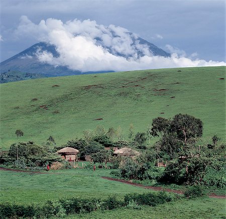 Rich,but friable,volcanic soil surrounds the dormant volcano of Mount Meru (14,980 feet). The grasslands are grazed by livestock belonging to the Wa-Arusha,a maa speaking people related to the Maasai,who also till the land. . Foto de stock - Con derechos protegidos, Código: 862-03355110