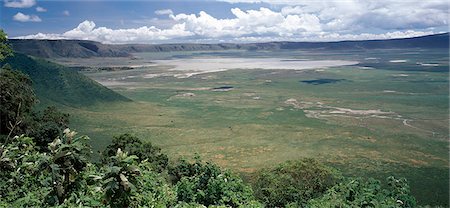 The world famous Ngorongoro Crater. Its 102-square-mile crater floor is the haunt of a wonderful wildlife spectacle. The crater is in fact a 'caldera' the largest unbroken,unflooded caldera in the world which was formed two and a half million years ago when a huge explosion destroyed a volcano standing about 15,000 feet high. Ngorongoro Crater was declared a World Heritage Site in 1978. Fotografie stock - Rights-Managed, Codice: 862-03355163