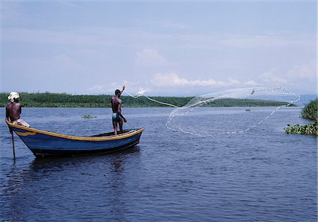 simsearch:862-03711647,k - Weighted throwing nets are commonly used to catch fish in Uganda's freshwater lakes. Here a fisherman throws his net from the prow of a wooden boat at the northern end of Lake Albert where the lake waters join the White Nile. Foto de stock - Con derechos protegidos, Código: 862-03355437