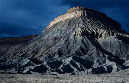 Low evening light,defines the eroded contours of grand Junction and highlights the different coloured layers of rock. The large cottonwood tree in the centre gives a sense of the enormous scale of the landscape. Stock Photo - Rights-Managed, Code: 862-03355521