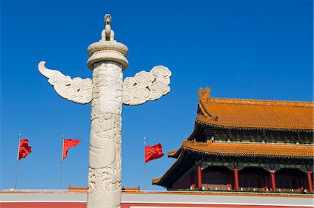 China,Beijing. Huabiao statue and Gate of Heavenly Peace at the Forbidden City Palace Museum. Stock Photo - Rights-Managed, Code: 862-03351393