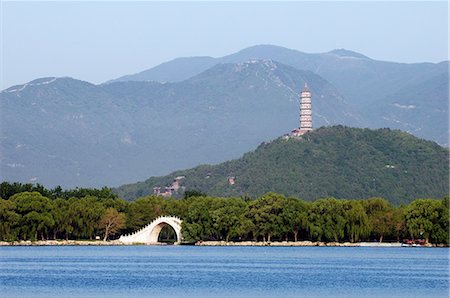 simsearch:862-03351693,k - China,Beijing. Summer Palace - Unesco World Heritage Site. A Pagoda and bridge on Lake Kunming. Stock Photo - Rights-Managed, Code: 862-03351449