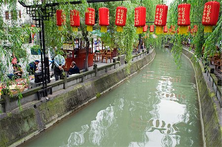 dujiangyan city - China,Sichuan Province,Dujiangyan city,a river and lanterns at the irrigation Unesco World Heritage site Stock Photo - Rights-Managed, Code: 862-03351697