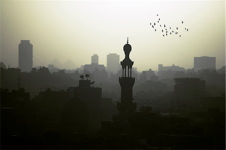 View across Cairo from the top of the Blue Mosque,looking West across to modern Cairo and the pyramids in the distance. Cairo is now one of the largest cities in the world with more than 18m people. Foto de stock - Con derechos protegidos, Código: 862-03352729