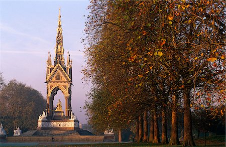 England,London. Commissioned by Queen Victoria to commemorate her late consort,Prince Albert. This large statue of Prince Albert in Hyde Park,is seated in a vast Gothic shrine. It includes a frieze with 169 carved figures,angels and virtues higher up and separate groups representing the Continents,Industrial Arts and Sciences. Stock Photo - Rights-Managed, Code: 862-03353465