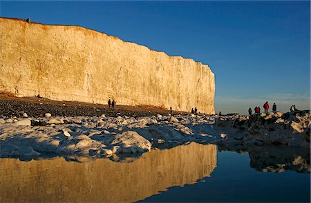 reflection in puddle - England,East Sussex,Beachy Head. Beachy Head is a chalk headland on the south coast of England,close to the town of Eastbourne. The cliff there is the highest chalk sea cliff in Britain,rising to 162 m (530 ft) above sea level. The peak allows views of the south east coast from Dungeness to the east,to Selsey Bill in the west. Stock Photo - Rights-Managed, Code: 862-03353595