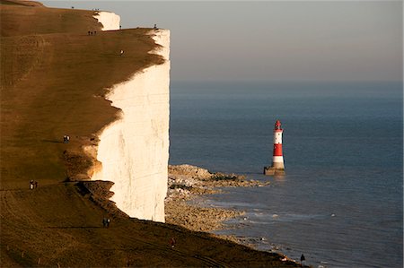 England,East Sussex,Beachy Head. Beachy Head is a chalk headland on the south coast of England,close to the town of Eastbourne. The cliff there is the highest chalk sea cliff in Britain,rising to 162 m (530 ft) above sea level. The peak allows views of the south east coast from Dungeness to the east,to Selsey Bill in the west. Stock Photo - Rights-Managed, Code: 862-03353591