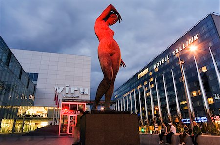 A Contemporary Art Sculpture and Hotel Tallink lit up in the Downtown Shoppnig District. Stock Photo - Rights-Managed, Code: 862-03353932