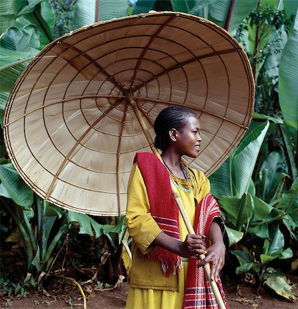 simsearch:862-03353970,k - Une jolie jeune fille de la tribu de Kediyo porte une grande, superbement réalisés parapluie. Son cadre en bois est couvert avec des feuilles séchées de l'ensete, la fausse banane plante (vu en arrière-plan). Largement cultivé dans le sud de l'Éthiopie, ensete racines et les tiges, qui sont riches en hydrates de carbone, sont cuits et consommés comme une bouillie ou faites en pain. Photographie de stock - Rights-Managed, Code: 862-03353992