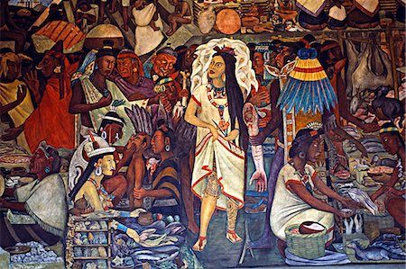 Murals inside the National Palace painted by Diego Rivera,Mexico CityThe murals decorate the stairwell and middle storey of the main courtyard and depict Mexican History from the life of Tenochtitlan through to the Spanish Conquest,invasion,independence and eventually revolution. Stock Photo - Rights-Managed, Code: 862-03364388