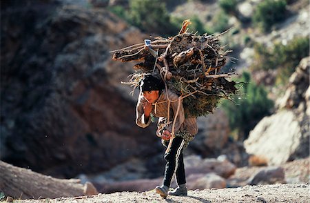 Femme portant la lourde charge de bois pour la cuisine dans le haut Atlas au Maroc Photographie de stock - Rights-Managed, Code: 862-03364617