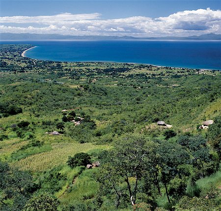 Fertile farming country on the slopes of the Rift Valley Escarpment to the west of Lake Malawi. The Livingstone Mountains rise steeply the far side of the lake. Foto de stock - Con derechos protegidos, Código: 862-03365042