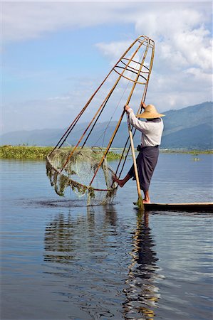 Myanmar. Burma. Lake Inle. An Intha fisherman uses a traditional cone-shaped net stretched over a bamboo frame to catch fish in Lake Inle. Fotografie stock - Rights-Managed, Codice: 862-03365144