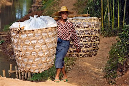 Myanmar,Burma,Lake Inle. A man brings large baskets of thin rice cakes to sell at Indein market. Foto de stock - Con derechos protegidos, Código: 862-03365182